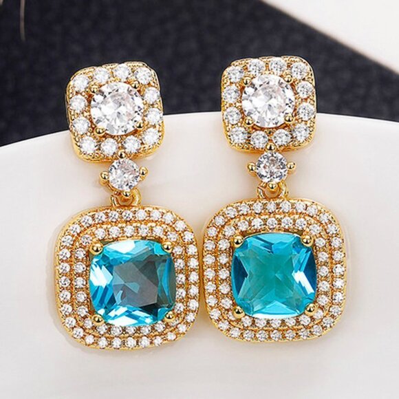 💥 Blue Rhinestone Crystal Drop Earring for women Bridal CZ Gold Plated, HA4515